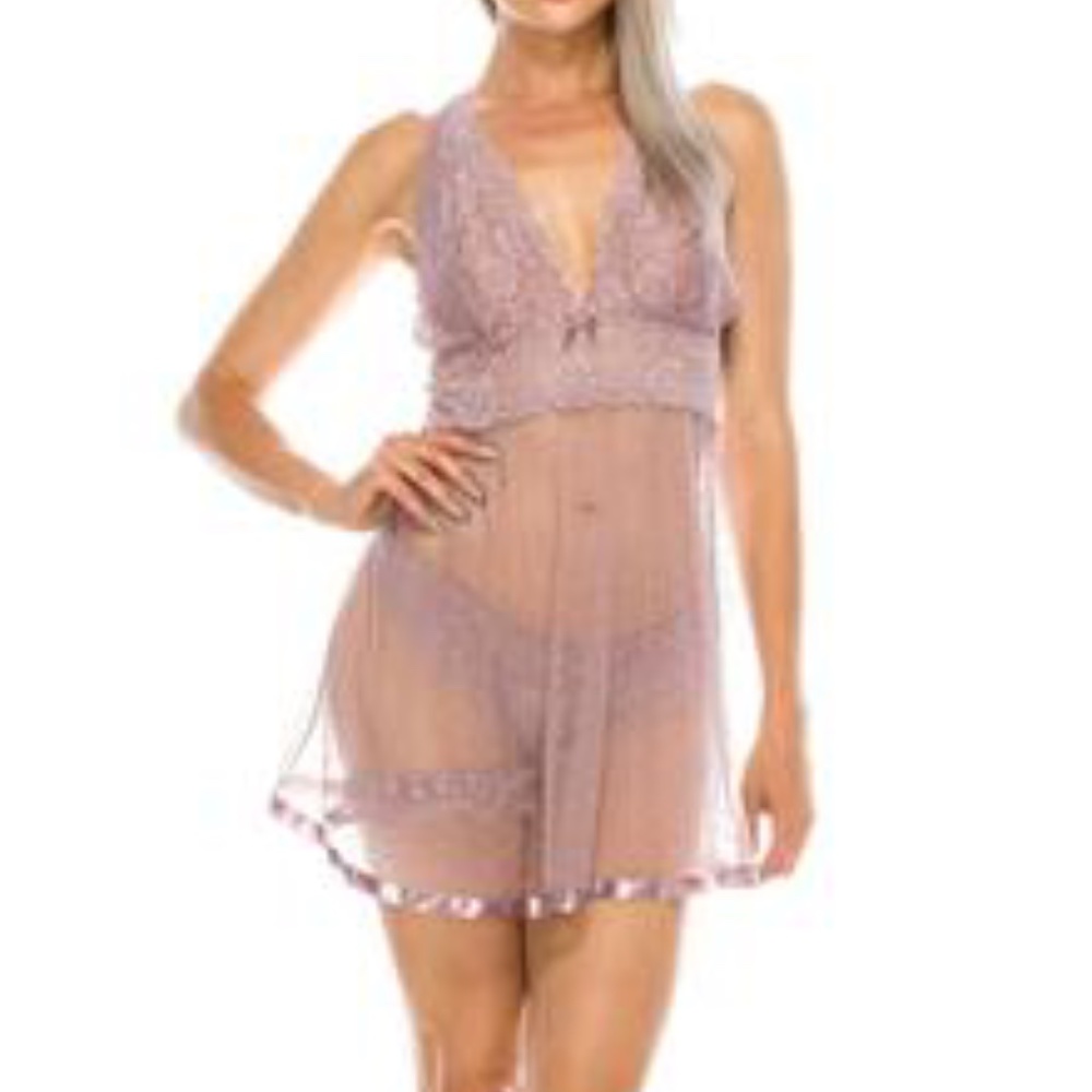 Mauve Shadows Babydoll with Thong Garter Set NEW